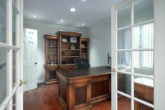 office area featuring dark wood-type flooring, ornamental molding, and french doors