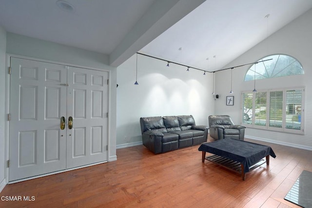 living room with hardwood / wood-style flooring and high vaulted ceiling