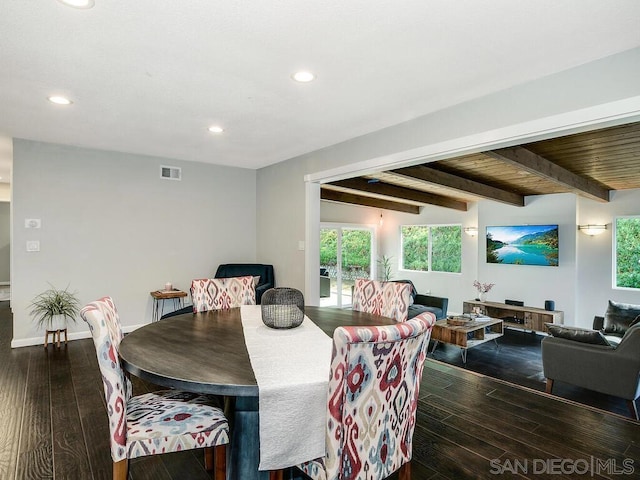 dining room with beam ceiling and dark hardwood / wood-style floors