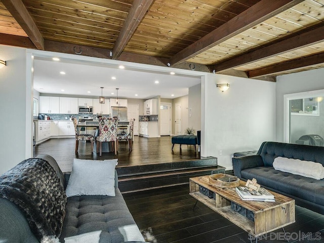 living room with beam ceiling, wood ceiling, and dark hardwood / wood-style floors