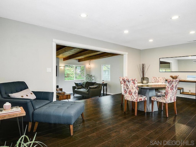 dining room with beamed ceiling and dark hardwood / wood-style flooring