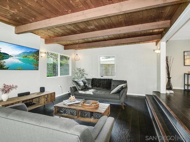 living room with dark hardwood / wood-style floors, wooden ceiling, and beam ceiling