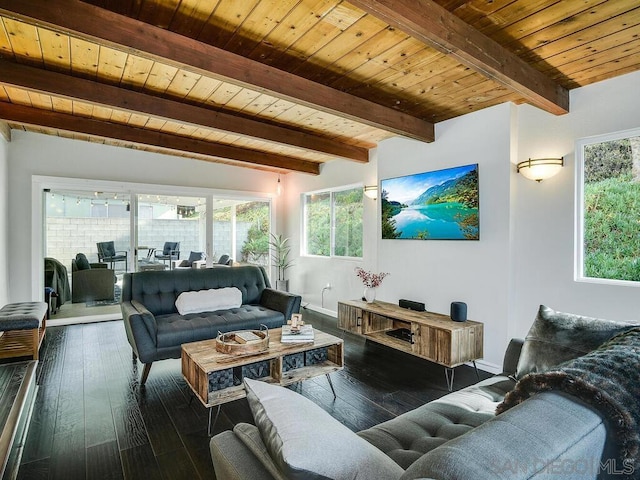 living room with wood ceiling, beam ceiling, and dark wood-type flooring