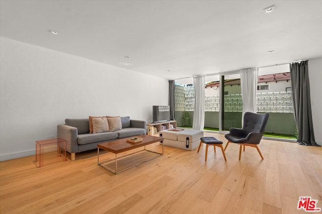 living room with expansive windows and light wood-type flooring