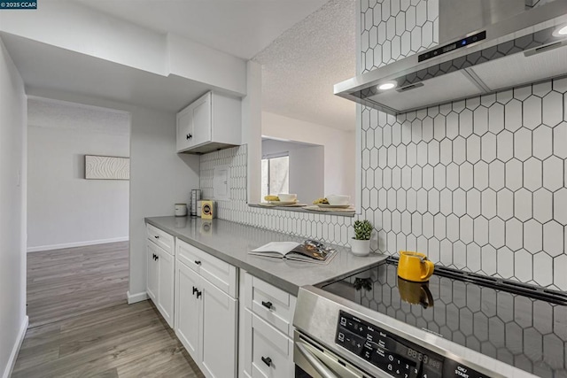 kitchen with stainless steel electric stove, extractor fan, decorative backsplash, and white cabinets