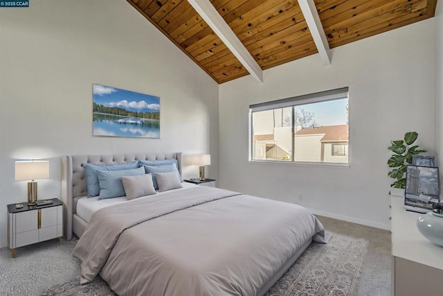 bedroom featuring light carpet, wood ceiling, high vaulted ceiling, and beamed ceiling