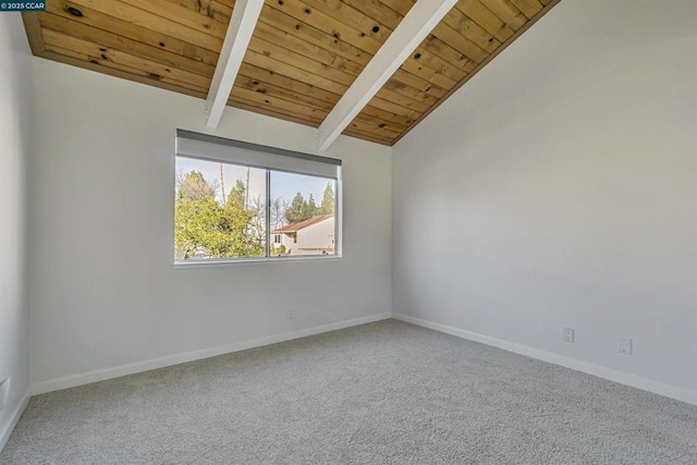 carpeted spare room with wood ceiling and lofted ceiling with beams