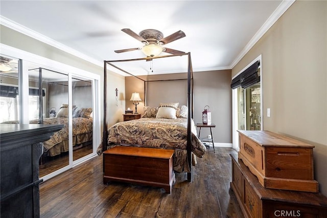 bedroom featuring ornamental molding, ceiling fan, and dark hardwood / wood-style flooring