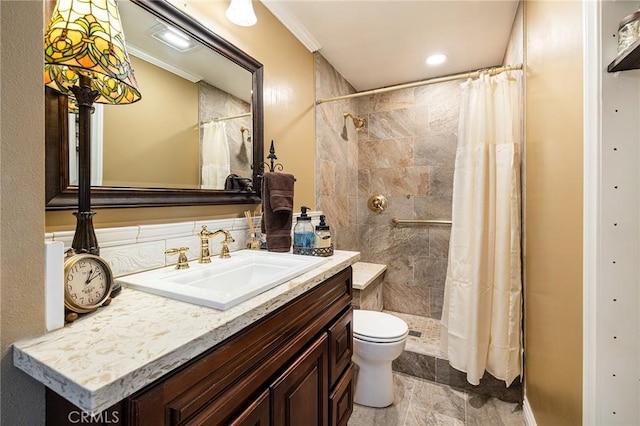 bathroom with vanity, toilet, and a shower with shower curtain