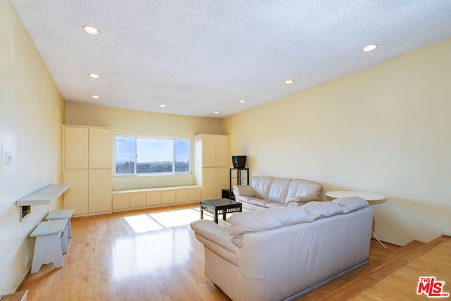 living room with light hardwood / wood-style flooring and a textured ceiling