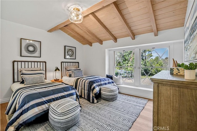 bedroom featuring lofted ceiling with beams, light hardwood / wood-style flooring, and wooden ceiling