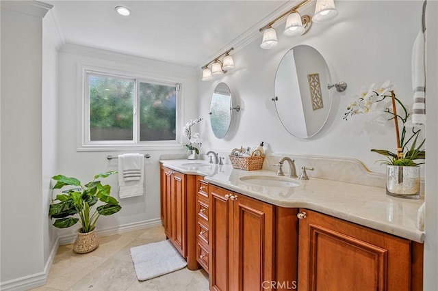 bathroom featuring vanity, ornamental molding, and tile patterned floors