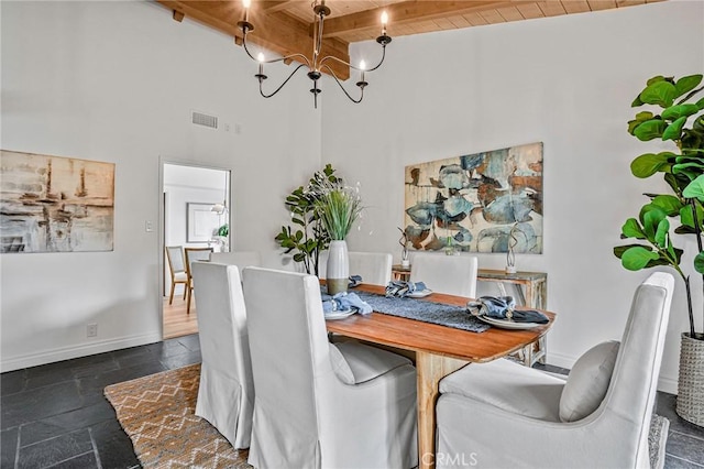 dining room with wood ceiling, an inviting chandelier, a high ceiling, and beamed ceiling