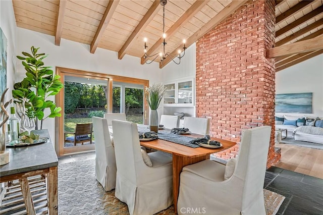 dining room featuring an inviting chandelier, beam ceiling, high vaulted ceiling, and wooden ceiling