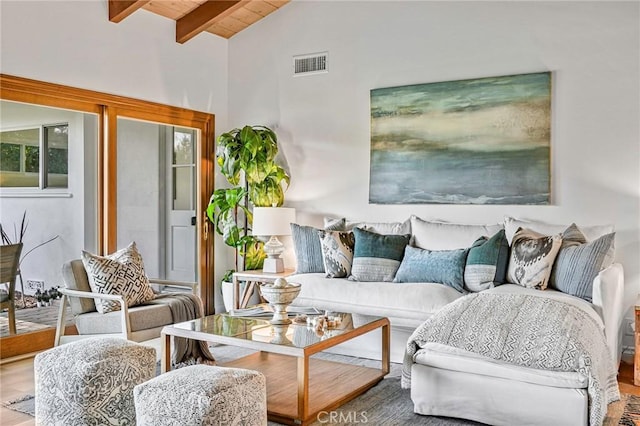 living room with lofted ceiling with beams, hardwood / wood-style floors, and wooden ceiling