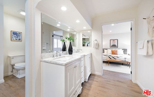 bathroom featuring hardwood / wood-style flooring, vanity, and toilet