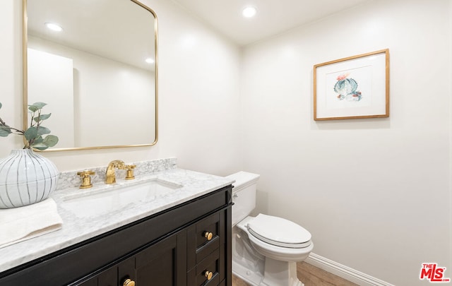 bathroom with hardwood / wood-style flooring, vanity, and toilet