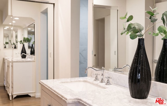 bathroom with vanity and wood-type flooring