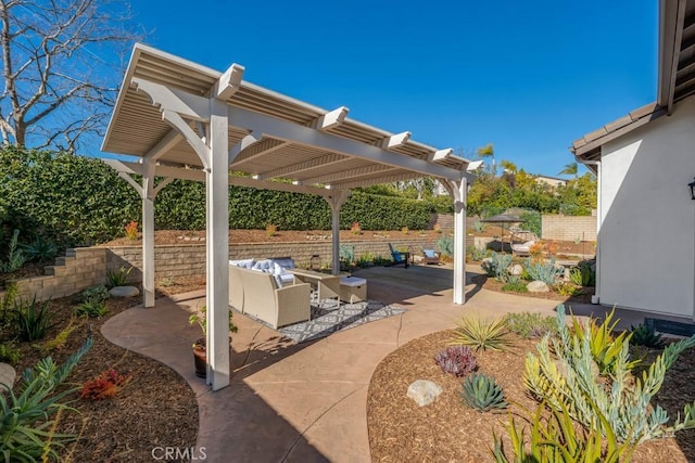 view of patio featuring a pergola and an outdoor hangout area