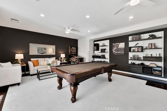 playroom with carpet, pool table, and ceiling fan