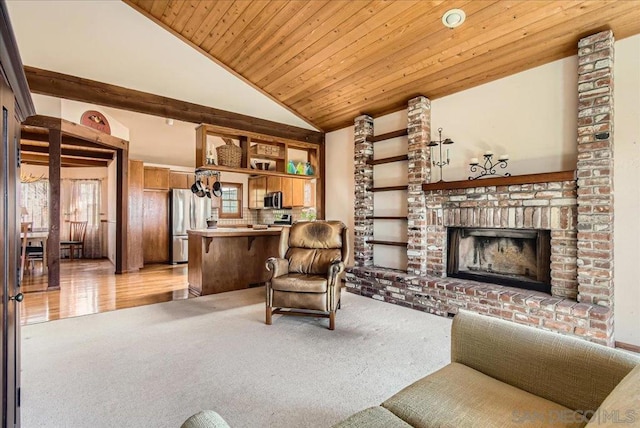 living room featuring high vaulted ceiling, light colored carpet, a fireplace, and wood ceiling