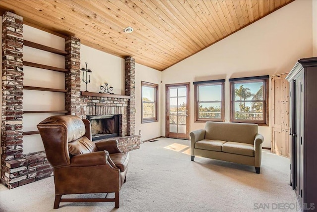 carpeted living room with a brick fireplace, wooden ceiling, and high vaulted ceiling