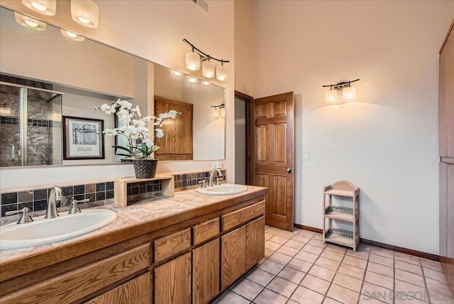 bathroom with vanity, backsplash, and tile patterned floors