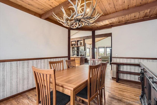 dining room with a chandelier, lofted ceiling with beams, light hardwood / wood-style flooring, and wooden ceiling