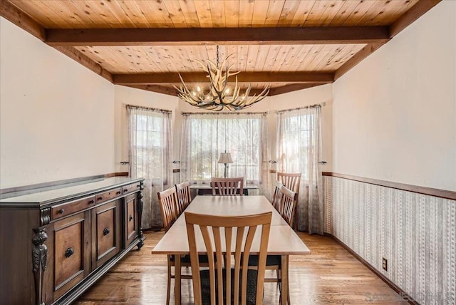 dining area featuring a notable chandelier, beam ceiling, light hardwood / wood-style flooring, and wooden ceiling