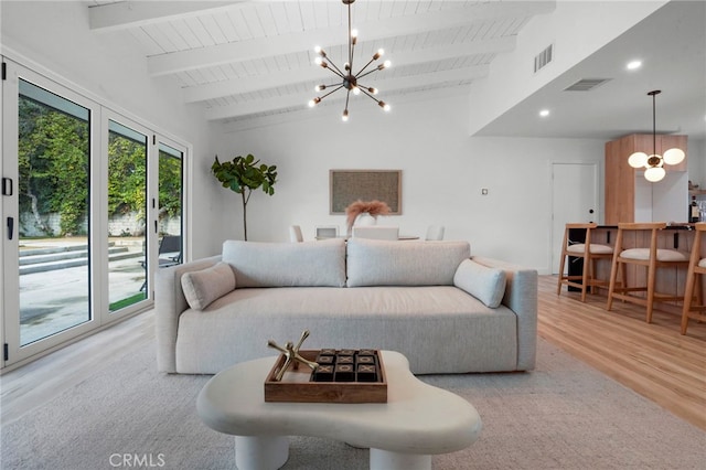 living room featuring vaulted ceiling with beams, wood ceiling, a chandelier, and light hardwood / wood-style floors