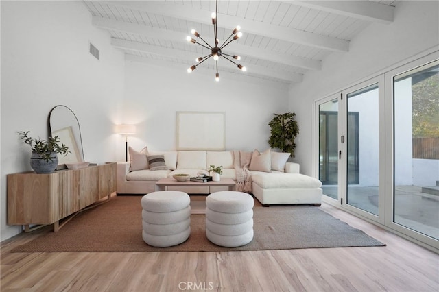 living room with an inviting chandelier, wood ceiling, hardwood / wood-style flooring, and lofted ceiling with beams