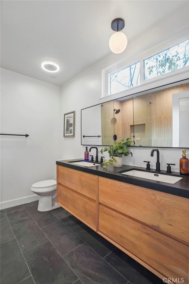 bathroom with vanity, walk in shower, and toilet