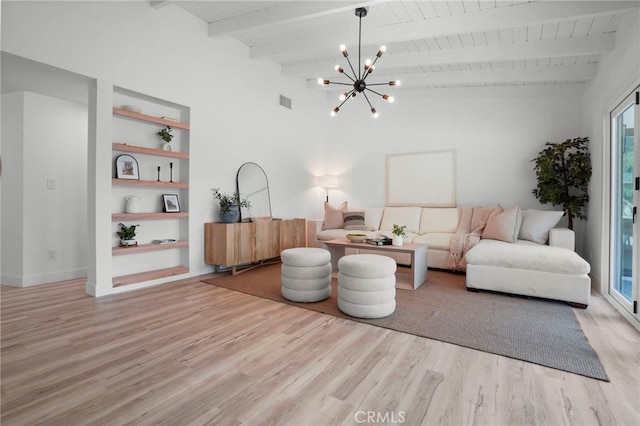 living room featuring wood ceiling, an inviting chandelier, built in shelves, beamed ceiling, and light wood-type flooring