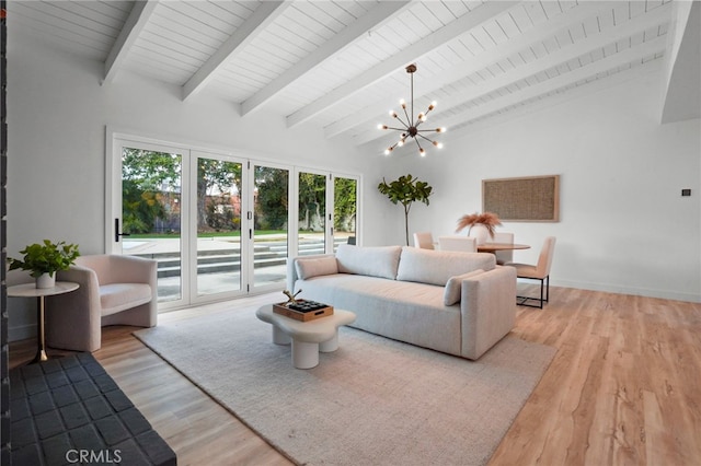 living room featuring wooden ceiling, lofted ceiling with beams, light hardwood / wood-style floors, and a chandelier