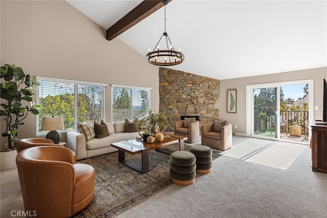 carpeted living room featuring a stone fireplace, plenty of natural light, high vaulted ceiling, and beamed ceiling