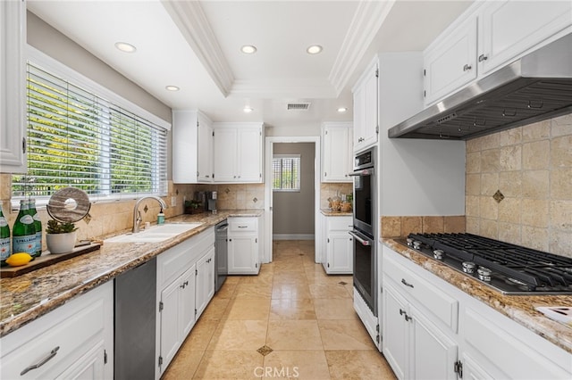 kitchen featuring stainless steel appliances, light stone countertops, white cabinets, and a tray ceiling