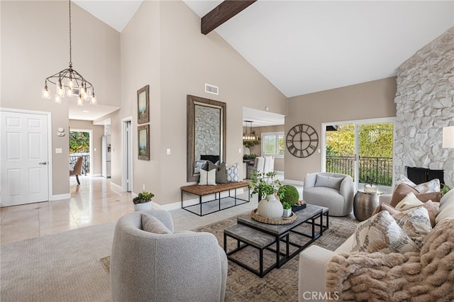 living room with light tile patterned floors, high vaulted ceiling, a notable chandelier, a fireplace, and beamed ceiling