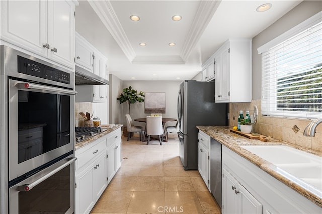 kitchen with appliances with stainless steel finishes, white cabinetry, sink, a raised ceiling, and crown molding