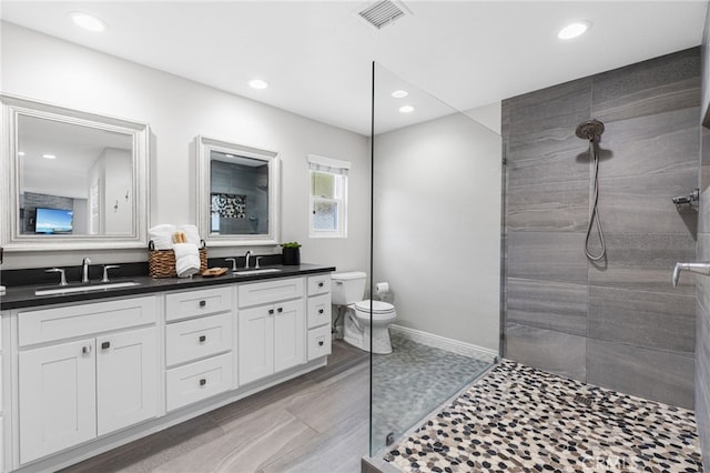 bathroom with vanity, toilet, and a tile shower