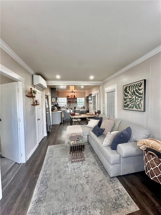 living room featuring crown molding, dark hardwood / wood-style flooring, and a wall unit AC