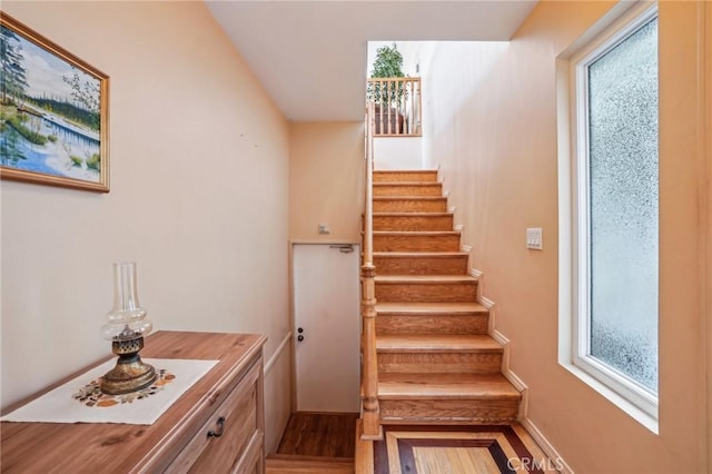 stairway featuring hardwood / wood-style floors