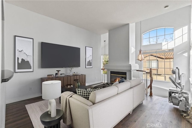 living room featuring hardwood / wood-style floors and a large fireplace