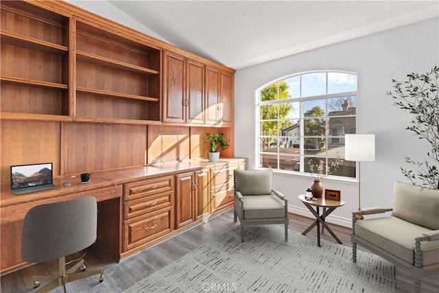 office space featuring built in desk and light hardwood / wood-style floors