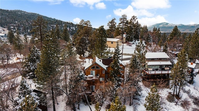 snowy aerial view with a mountain view