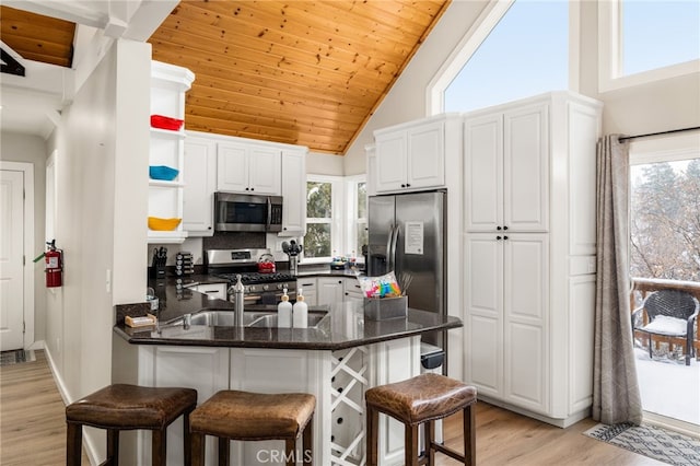 kitchen featuring a kitchen breakfast bar, kitchen peninsula, white cabinets, and appliances with stainless steel finishes