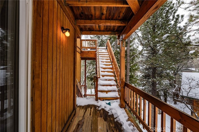 view of snow covered deck