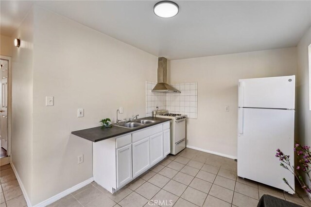 kitchen featuring sink, white cabinetry, white appliances, decorative backsplash, and wall chimney range hood