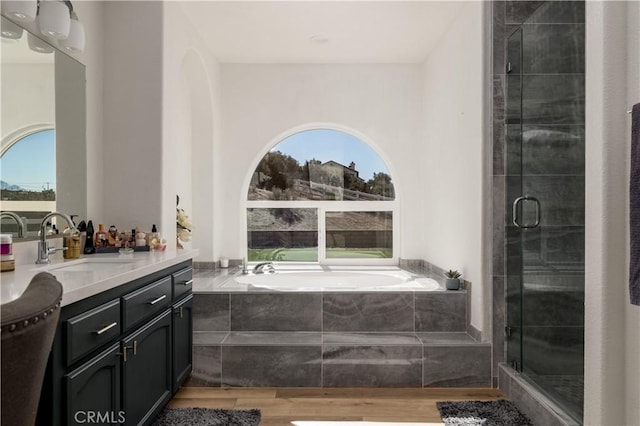 bathroom with hardwood / wood-style flooring, plenty of natural light, separate shower and tub, and vanity