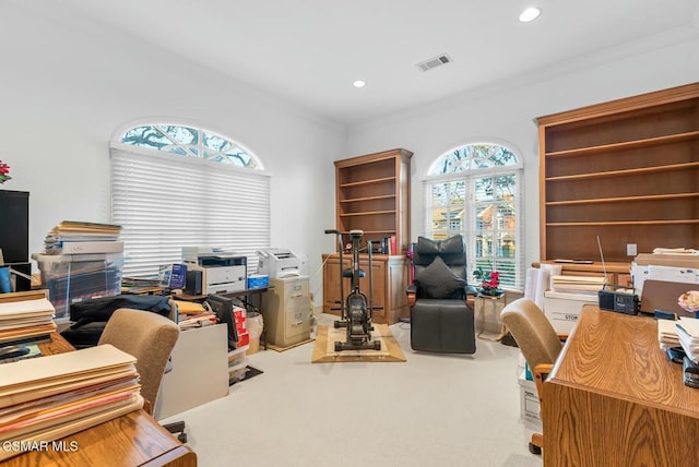 home office with light colored carpet and ornamental molding