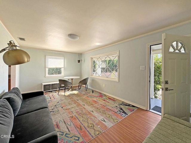 living room featuring crown molding and hardwood / wood-style floors